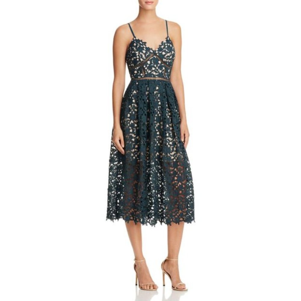 AQUA Women's Hunter Green Lace Cami Midi Dress